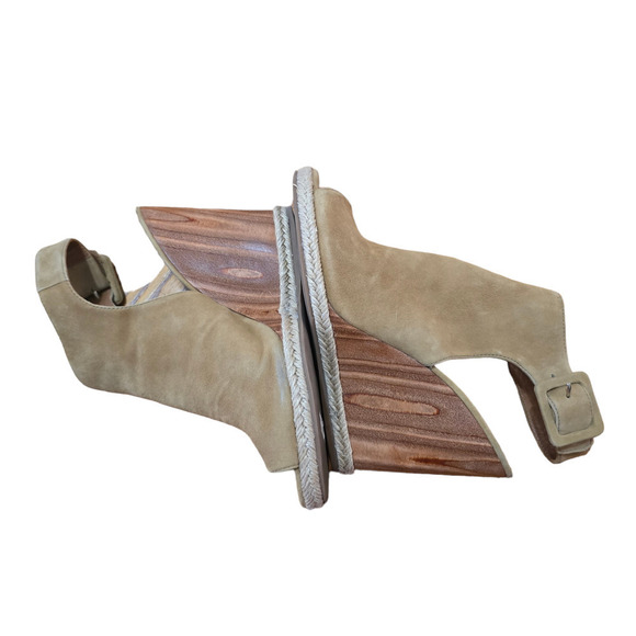 Tory Burch Tan Suede Leather Open Peep Toe Wood Wedge Slingback Heels 8.5 - Picture 2 of 7